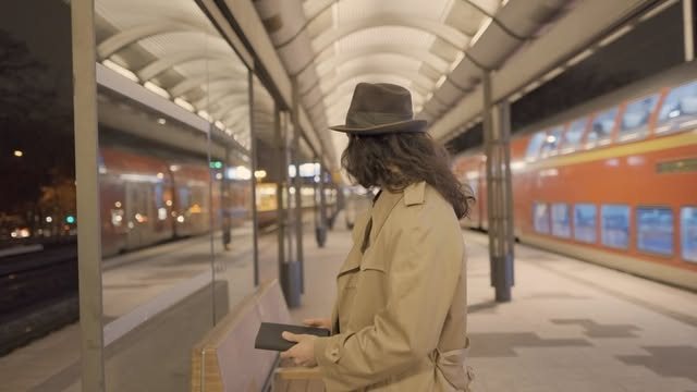 Eine Frau mit Hut und Mantel wartet nachts an einem Bahnsteig, Szene aus einem Instagram-Reel des Cafés