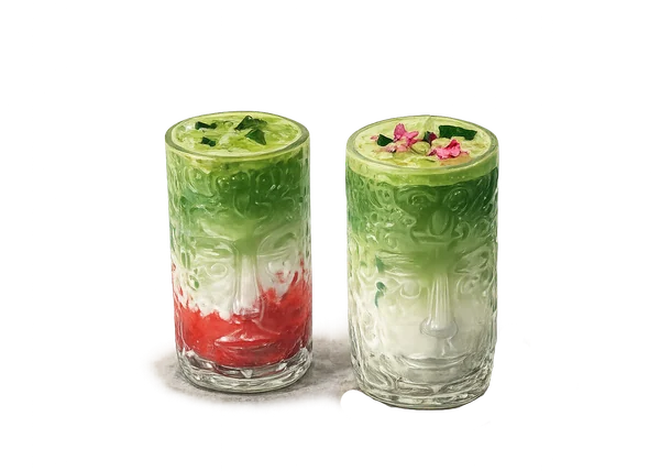 Aquarell zweier Gläser Iced Strawberry Matcha
